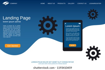Website landing page design template. Blue-white vector background with smartphone flat illustration. Design for webpage and application