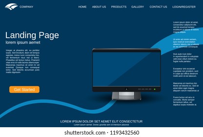 Website landing page design template. Blue vector background with desktop monitor illustration. Design for webpage and application