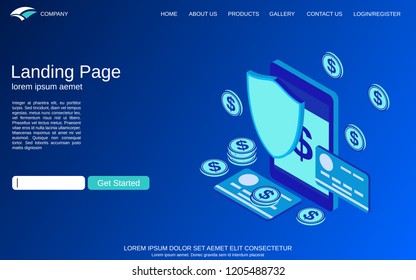 Website landing page design template. Financial security, online banking, money protection flat 3d isometric vector concept
