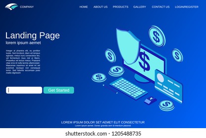 Website landing page design template. Financial security, online banking, money protection flat 3d isometric vector concept