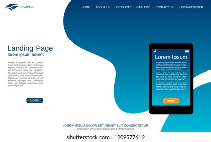 Website landing page design template. Blue-white vector background with smartphone flat illustration. Design for webpage and application