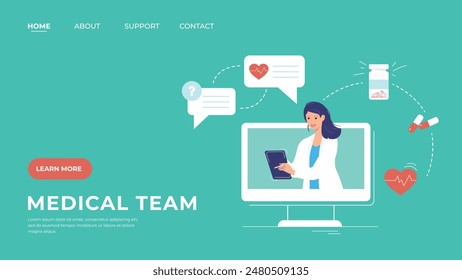 Website landing page with a doctor on the monitor, who diagnoses and prescribes treatment. Vector illustration of the web page design.