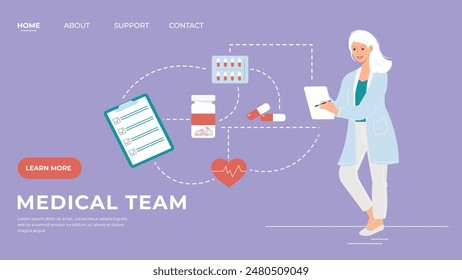 Website landing page with a doctor who diagnoses and prescribes treatment. Illustration vector flat panel design.