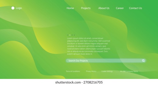 Página inicial do site e fundo abstrato dinâmico com elemento de movimento líquido ondulado fluido e cores verdes amarelas