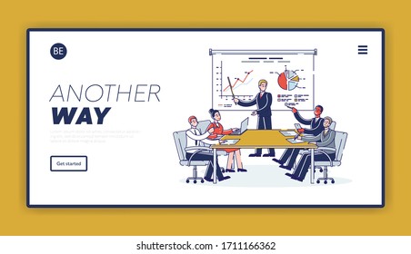 Website Landing Page. Financial Expert Leader Stands At Screen And Make Presentation Before an Audience. Man Shows Finansial Report. Web Page Cartoon Linear Outline Flat Style. Vector Illustration