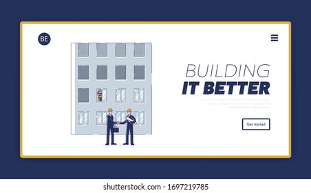 Website Landing Page. Foreman And Architect With Blueprint Have Made A Deal And Shaking Hand On The Under Construction House Background. Web Page Cartoon Linear Outline Flat Style Vector Illustration