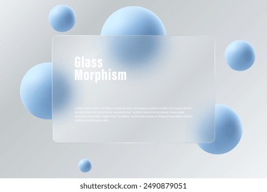 Website landing page in glass morphism style. A partition made of transparent material with floating blue spheres.