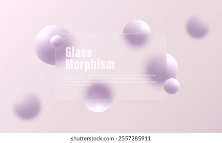 Website landing page in glass morphism style. Partition made of transparent material with floating spheres.