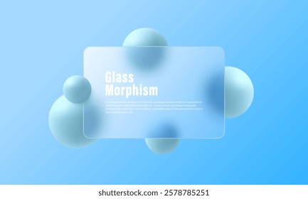 Website landing page in glass morphism style. Partition made of transparent material with floating spheres.