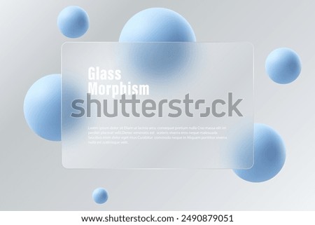 Website landing page in glass morphism style. A partition made of transparent material with floating blue spheres.