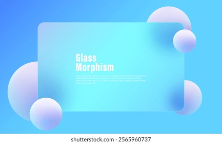 Website landing page in glasse morphisma style. Presentation screen with glass overlay effect on floating gradient 3D spheres.