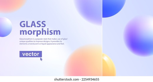 Website landing page in glassmorphism style. Lilac colored template. 3d trendy and futuristic vector illustration. Presentation screen with glass overlay effect on floating liquid gradient spheres.