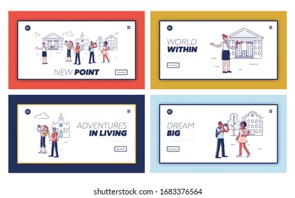 Website Landing Page. Group Of Tourists On Sightseeing By Famous Landmarks In City With Professional Tourists Guide In Uniform With Flag. Web Page Cartoon Linear Outline Flat Vector Illustrations Set