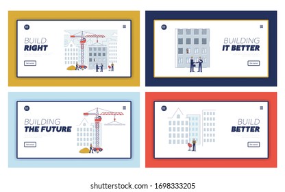 Website Landing Page. Group Of Workers And Architects On Backgrounds Of Residential Under Construction Houses With Building Equipment. Web Page Cartoon Linear Outline Flat Style. Vector Illustration