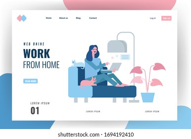 Website landing page. Happy woman sitting on sofa and working with laptop. Home quarantine concept design. vector illustration 