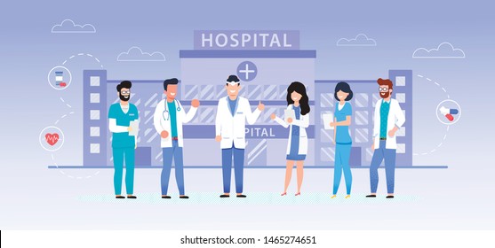 Website, Landing Page Hospital, Doctors and Nurses. Group Smiling Specialists Background Hospital. Modern Clinic Banner. Online Doctor Services Web. Medical Team Flat Style, Vector Illustration