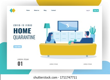 Website landing page idea for social distancing concept. Couple people wearing masks and watching Television. flat design vector illustration