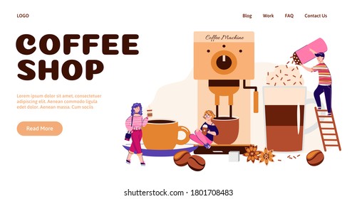 Website or landing page interface design for coffee shop services with people characters and coffee machine, flat cartoon vector illustration on white background.