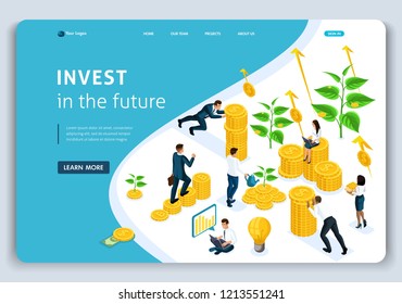 Website Landing Seite Isometric Konzept Investitionen in die Zukunft, Investoren tragen Geld in die Investmentgruppe, Gewinn Wachstum. Einfache Bearbeitung und Anpassung.
