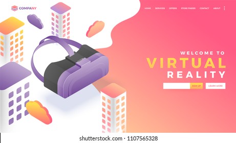 Website landing page with isometric view of vr box and urban landscape for Virtual Reality concept.