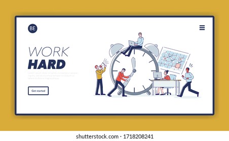 Website Landing Page. Leadership Urging Staff In Office Manage Work Time Correctly And Follow Deadlines. Man Try To Stop Watch Holding Arrow. Web Page Cartoon Linear Outline Flat Vector Illustration