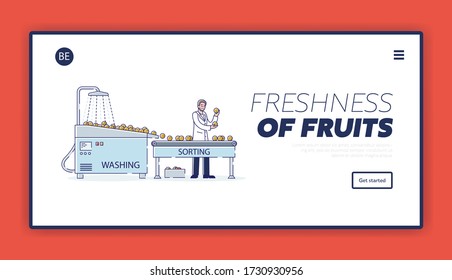 Website Landing Page. Male Character Work At Juices Production Factory. Character Sorting, Washing Fruits With Water On Conveyor Belt. Web Page Cartoon Linear Outline Flat Style. Vector Illustration