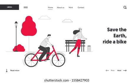 Website Landing Page. Man Cyclist Riding Bike Woman on Rollers Outdoors in Summer Day at City Park. Bicycle and Rollerblade Sport Activity Web Page Banner. Cartoon Flat Vector Illustration, Line Art