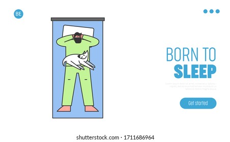 Website Landing Page. Man Hipster Sleeps On Comfortable Bed Put Hands On His Head At Home Or In Hotel. Dog Settled Down In Legs Of His Owner. Web Page Cartoon Linear Outline Flat Vector Illustration