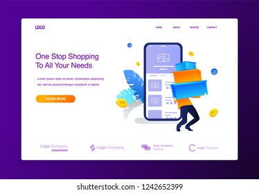 Website or landing page of man lifting a lot of shopping boxes, big sale with mobile application concept illustration