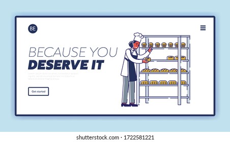 Website Landing Page. Manufacturing Process In Bakery With Woman Chef Is Putting Baked Cupcakes On The Rack With Fresh Bakery Products. Web Page Cartoon Linear Outline Flat Style Vector Illustration