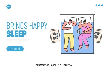 Website Landing Page. Married Couple Sleep On Comfortable Bed At Home Or In Hotel. Man And Woman Have Healthy Dream, Sleep Resting Position. Web Page Cartoon Linear Outline Flat Vector Illustration