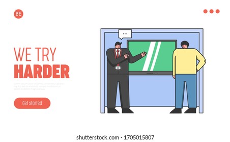 Página de inicio del sitio web. Los Hombres Están De Pie Con El Puesto De Promo, La Gran Televisión En La Pared Y Representan Sus Productos. La Gente Vende Aparatos. Estilo plano de esquema lineal de dibujo de página web. Ilustración vectorial