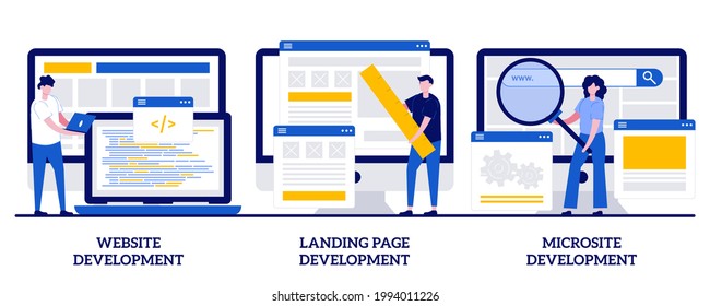 Website, landing page and microsite development concept with tiny people. Webpage programming abstract vector illustration set. Front and back end, design template, menu bar, user experience metaphor.