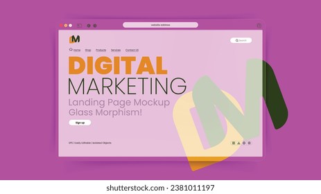 diseño de simulación de la página de inicio del sitio web para marketing digital. Ilustración vectorial moderna 3d Concepto de estilo de Glassmorfismo, plantilla de fondo de color agradable para el desarrollo y presentación de sitios web.