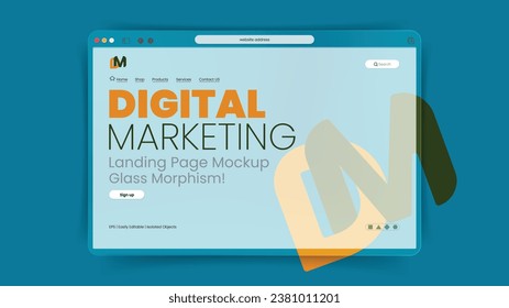 website Landing page mockup design for digital marketing. Modern vector illustration 3d Glassmorphism style concept, nice color background template for website development and presentation.
