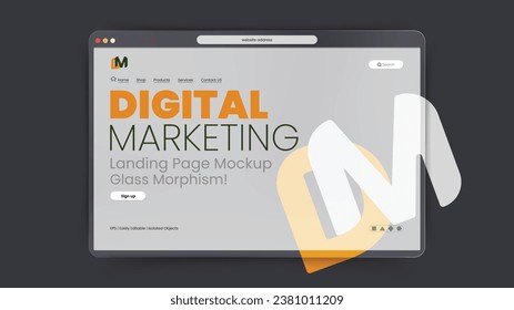 website Landing page mockup design for digital marketing. Modern vector illustration 3d Glassmorphism style concept, nice color background template for website development and presentation.