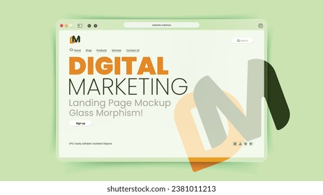 diseño de simulación de la página de inicio del sitio web para marketing digital. Ilustración vectorial moderna 3d Concepto de estilo de Glassmorfismo, tetera de menta de color verde plantilla para el desarrollo y presentación de sitios web.