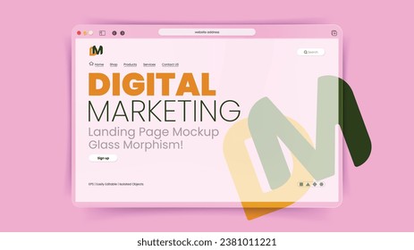 website Landing page mockup design for digital marketing. Modern vector illustration 3d Glassmorphism style concept, nice color background template for website development and presentation.