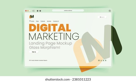 website Landing page mockup design for digital marketing. Modern vector illustration 3d Glassmorphism style concept, nice color background template for website development and presentation.