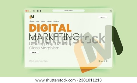website Landing page mockup design for digital marketing. Modern vector illustration 3d Glassmorphism style concept, tea mint green color background template for website development and presentation.