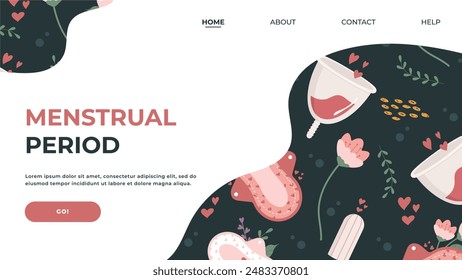 Website landing page on the topic of female reproductive health, hygiene, menstruation with images of pads, tampons. Flat vector illustration. Health concept for banner, website design or landing page