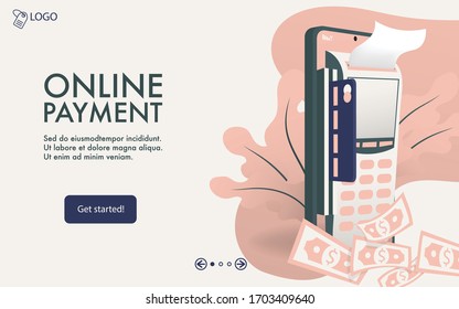Página de inicio del sitio web de la interfaz de usuario del sitio de pagos en línea página/tempage. Pagar cuenta a través de la tarjeta de crédito móvil a través de Internet.
