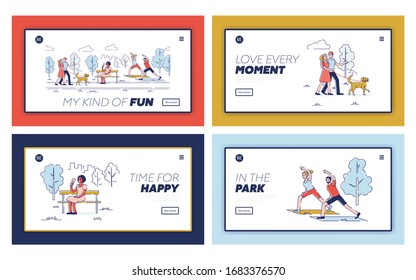 Website Landing Page. People Lead Healthy Lifestyle. Characters Are Walking In City Park With Dog, Eating Ice Cream, Doing Yoga Outdoor. Web Page Cartoon Linear Outline Flat Vector Illustrations Set