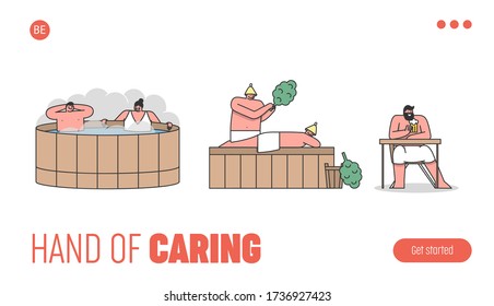 Website Landing Page. People Relaxing In Bathhouse. Characters Bathe In Big Jacuzzi, Take Traditional Procedures With Bath Broom, Drink Beer. Web Page Cartoon Linear Outline Flat Vector Illustration