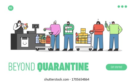 Website Landing Page. People Are Standing In Queue In The Supermarket Wearing Protective Masks To Prevent Virus Infection During Coronavirus. Web Page Cartoon Linear Outline Flat Vector Illustration