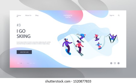 Website Landing Page. People in Winter Clothing Skiing and Snowboarding. Riders Having Fun and Winter Mountain Sports Activity. Resort Sport Spare Time Web Page Banner. Flat Vector Illustration