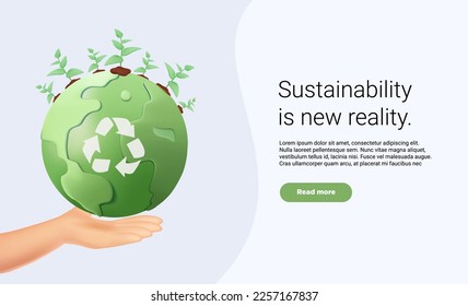 Website landing page or presentation slide layout with 3D render illustration of the concept of sustainability or environmental protection. Save tha earth. 3D render cartoon vector illustration