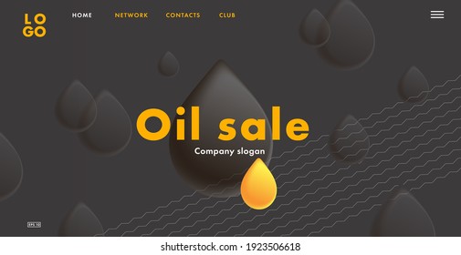 Website landing page with promo banner for oil sale, 3d graphic drop of black gols on black backdrop with menu and logo, discounts