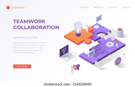 Website Landing Page, Promotion Poster, Flyer Or Brochure Concept For Business Teamwork Collaboration, Isometric Vector Illustration