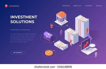 Website landing page, promotion poster, flyer or brochure concept for business investment solutions, isometric vector illustration